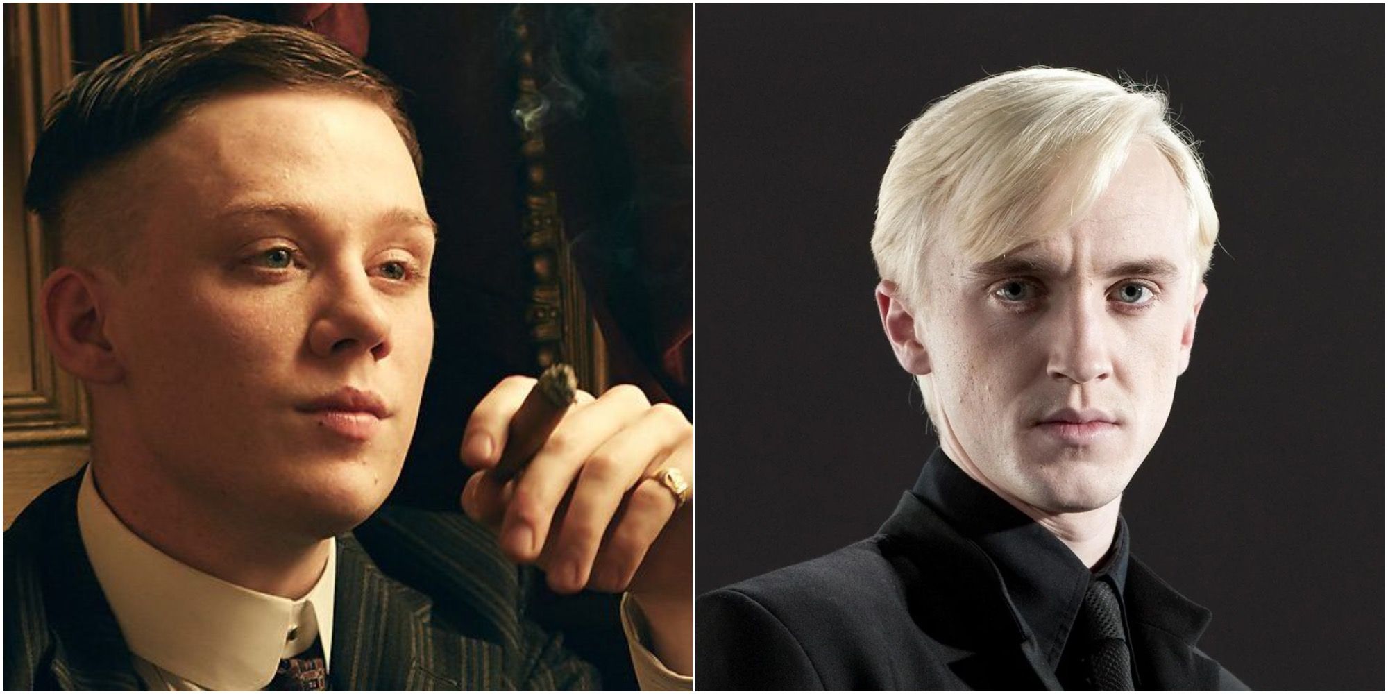 Split image of John Shelby (Peaky Blinders) and Draco Malfoy (Harry Potter)
