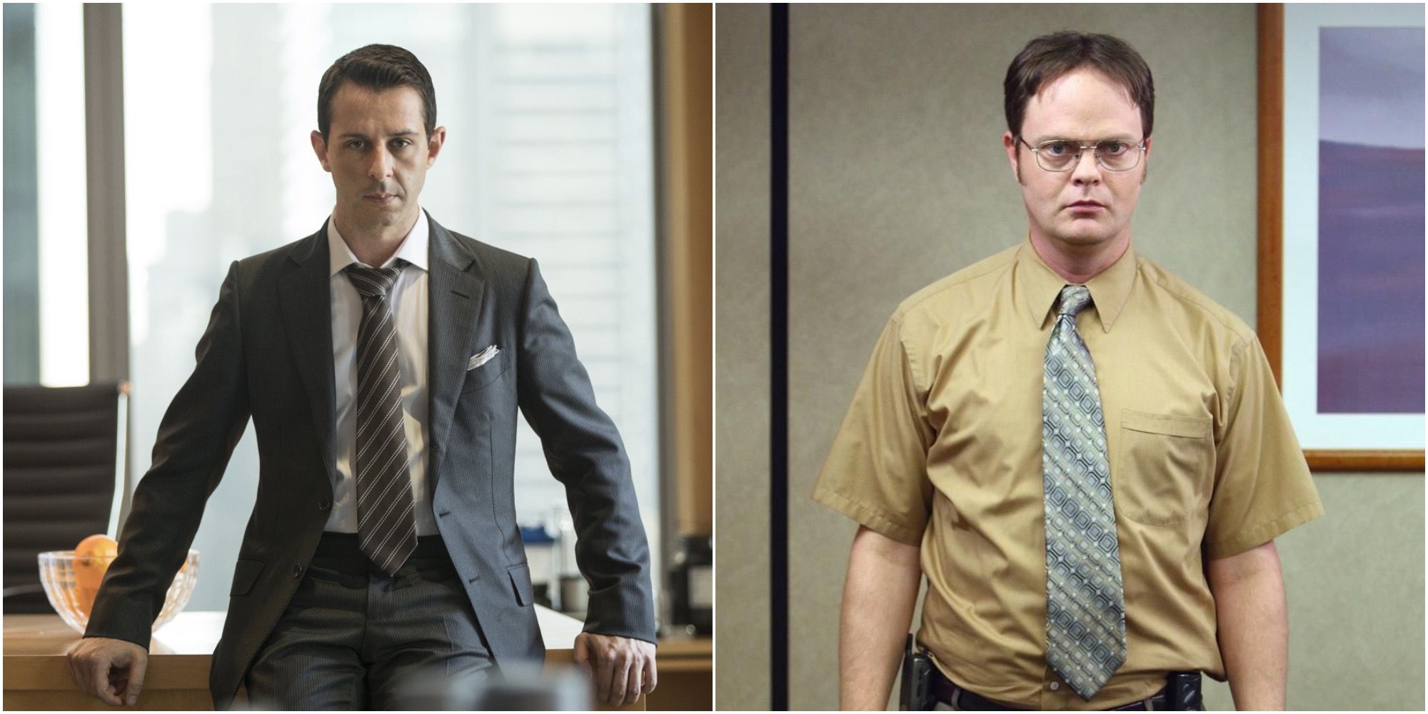 Split image of Kendall Roy (Succession) and Dwight Schrute (The Office) 