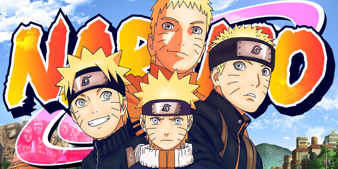 Different ages of Naruto in front of the series logo and the Hidden Leaf Vilage