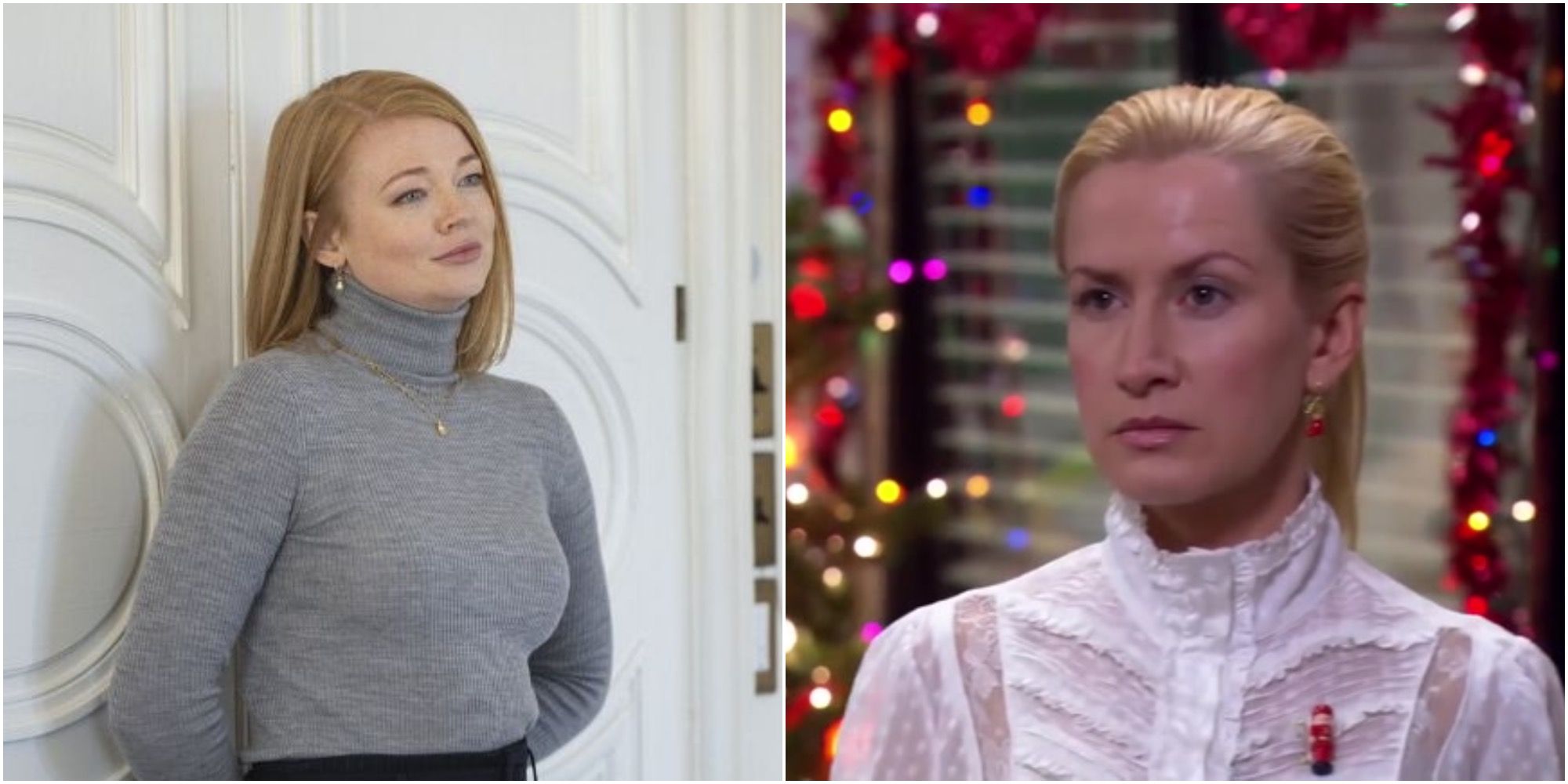 Split image of Shiv Roy (Succession) and Angela Martin (The Office)