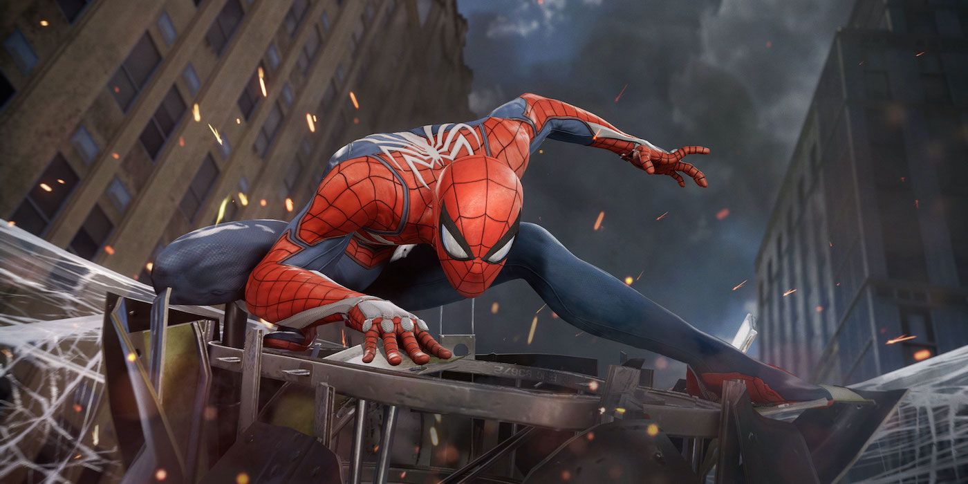 Spidey striking a hero pose in Marvel's Spider-Man