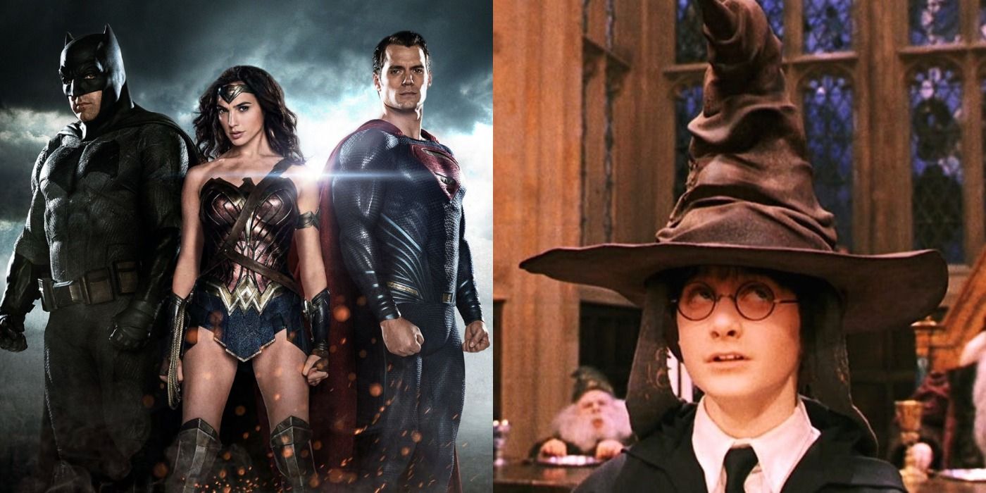 Split image of Batman, Wonder Woman, and Superman in the DCEU and Harry Potter with the Sorting Hat