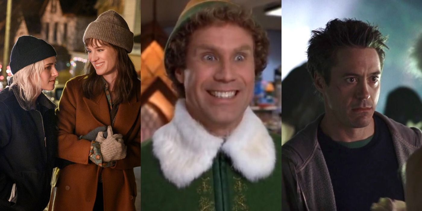 Split image of Happiest Season, Elf, and Kiss Kiss Bang Bang stills
