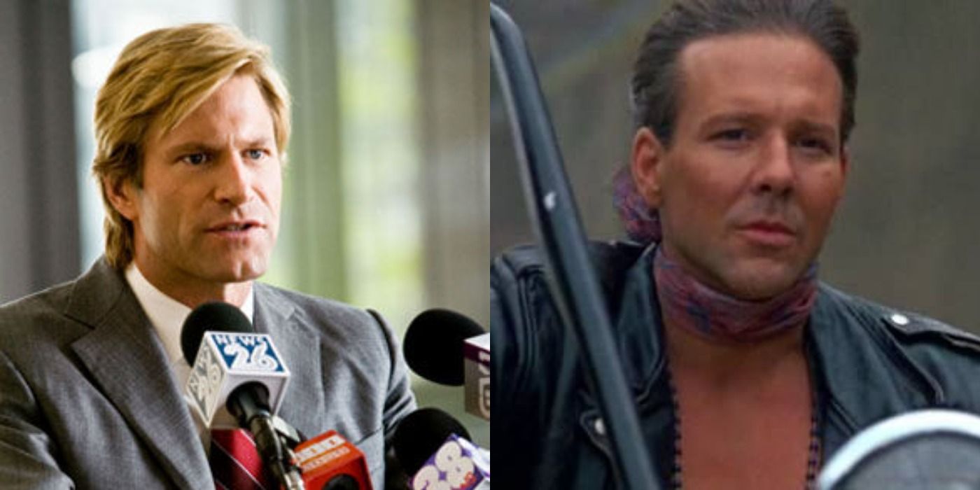 Split image of Harvey Dent in The Dark Knight and Mickey Rourke in Wild Orchid