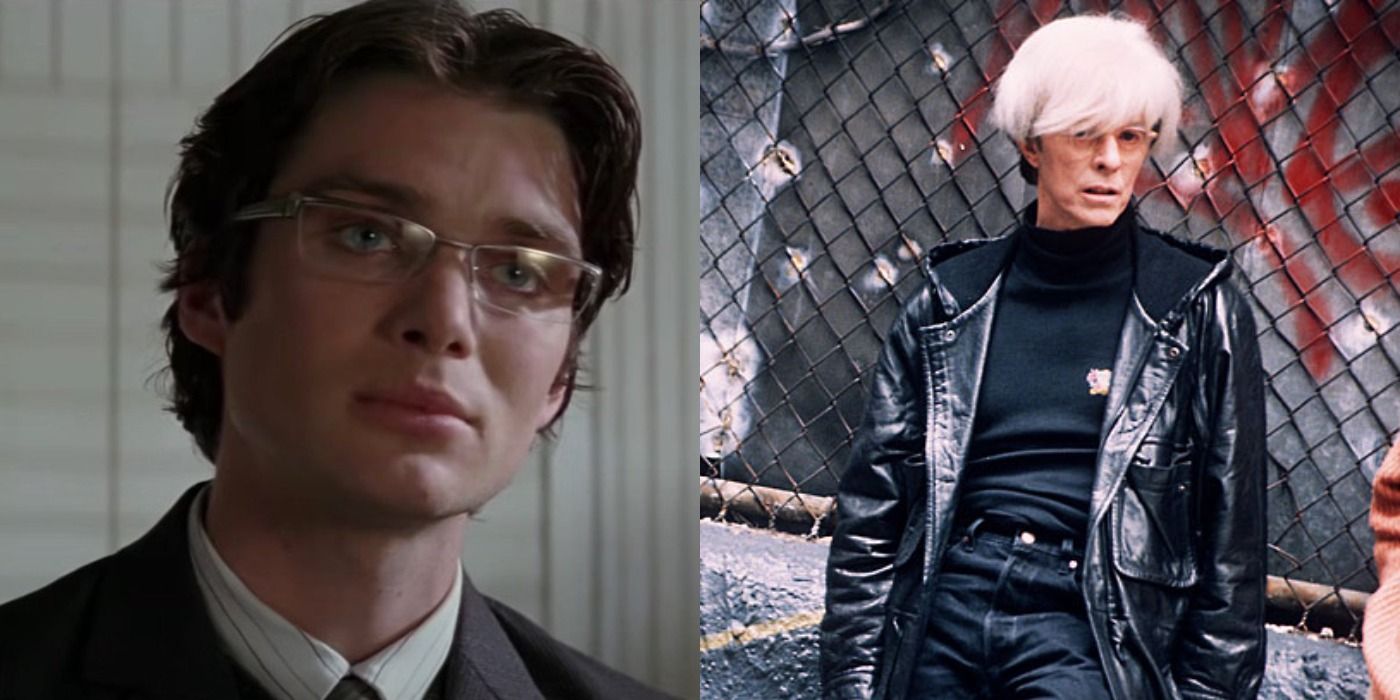 Split image of Jonathan Crane in The Dark Knight and David Bowie in Basquiat