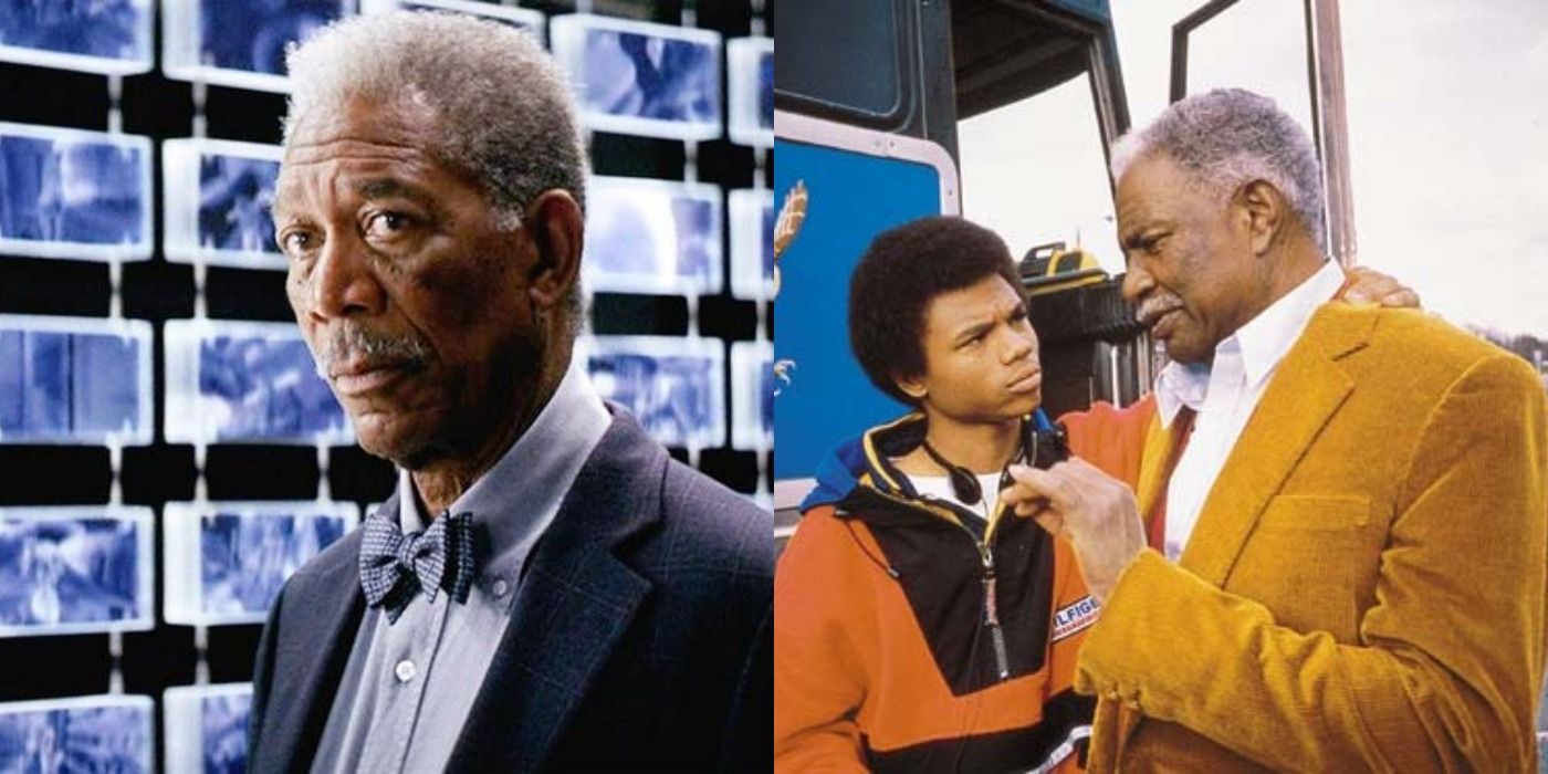 Split image of Lucius Fox in The Dark Knight and Ossie Davis in Get on the Bus