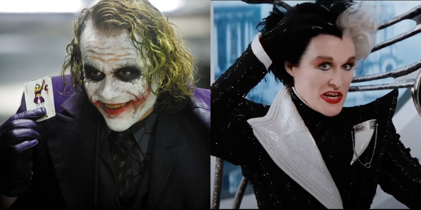 Split image of the Joker in The Dark Knight and Glenn Close in 101 Dalmatians
