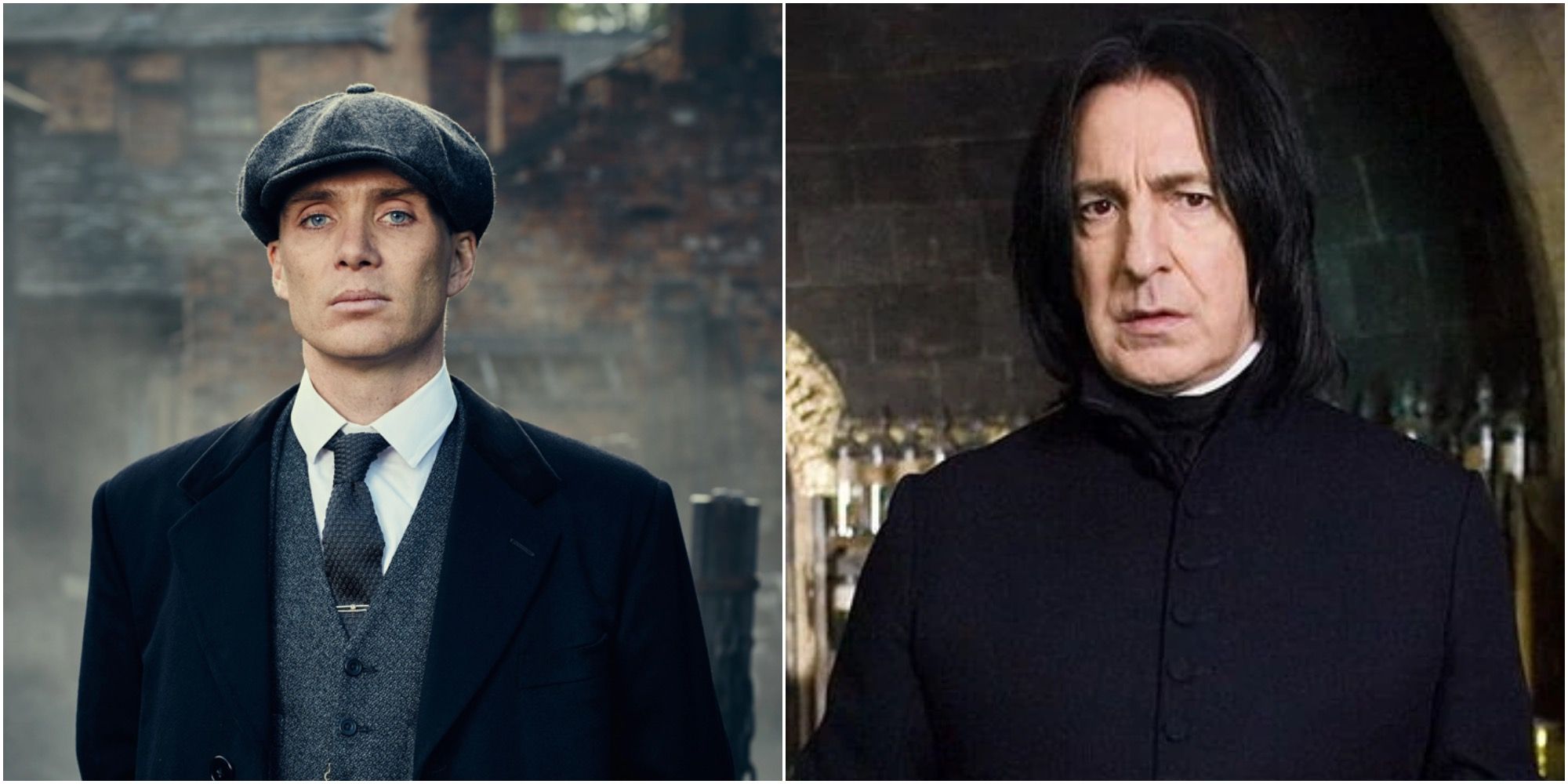 Split image of Tommy Shelby (Peaky Blinders) and Severus Snape (Harry Potter)