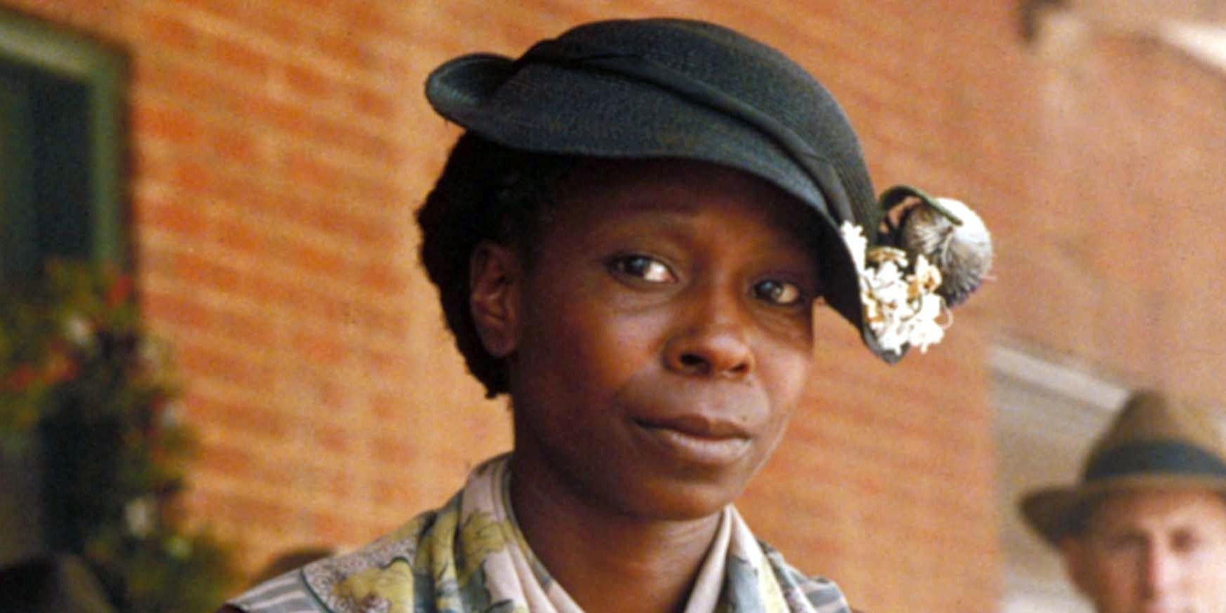 A close-up shot of Whoopi Goldberg as Celie in The Color Purple