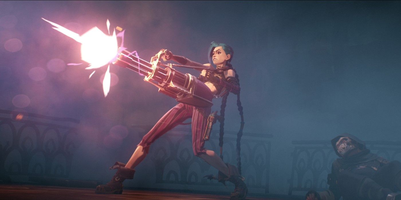 Jinx (voiced by Ella Purnell) firing a minigun in Arcane