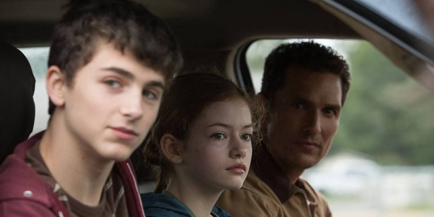 Tom, played by Timothee Chalamet, Murph played by Mackenzie Foy, and Joseph Cooper played by Matthew McConaughey in Interstellar