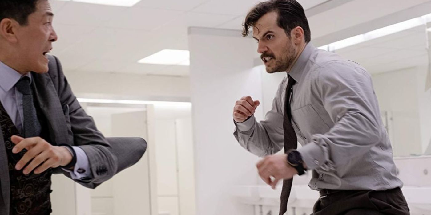 August Walker (Henry Cavill) in the bathroom fight scene in Mission Impossible: Fallout