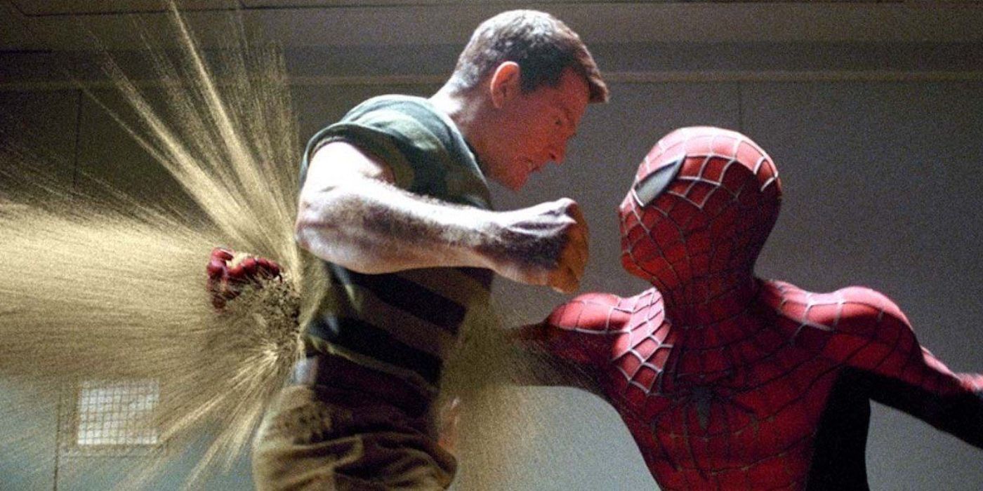 Spider-Man punching a hole through Sandman&rsquo;s chest in Spider-Man 3