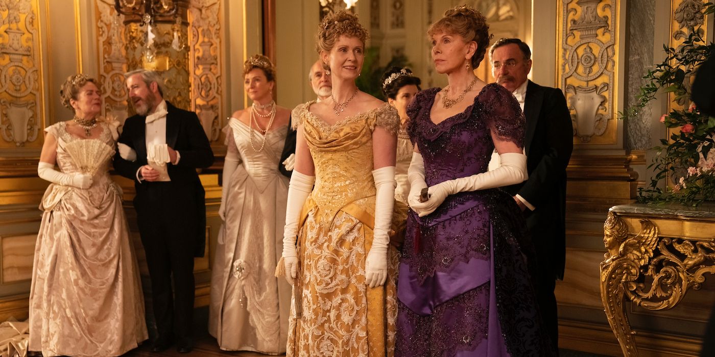 Cynthia Nixon and Christine Baranski as Ada Brook and Agnes van Rhijn at a party in The Gilded Age.