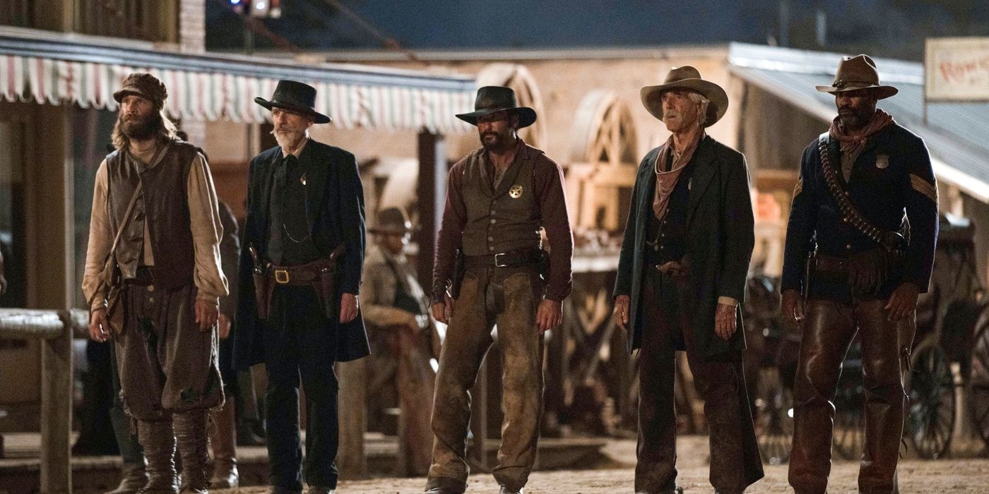 Marc Rissmann, Billy Bob Thornton, Tim McGraw, Sam Elliott, and LaMonica Garrett stand in costume in 1883.