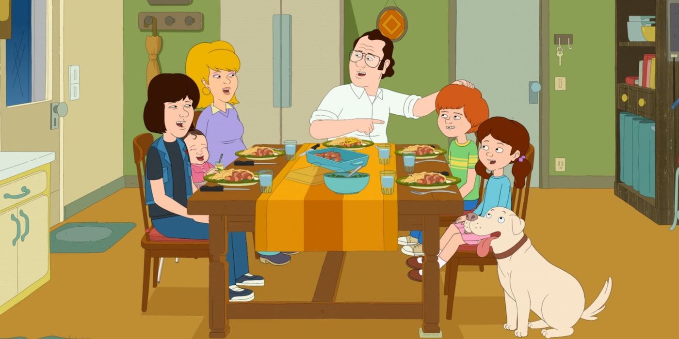 Frank Murphy, played by Bill Burr, sitting with his family: wife Sue, oldest son Kevin Murphy, youngest son Bill Murphy, and daughter Maureen Murphy in F is for Family.