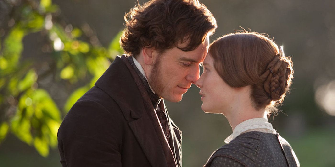 Michael Fassbender and Mia Waikowska as Rochester and Jane about to kiss in the film Jane Eyre-2011