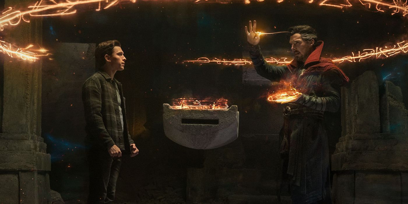 Tom Holland as Spider-Man watches Benedict Cumberbatch as Dr. Strange cast a spell in Spider Man No Way Home