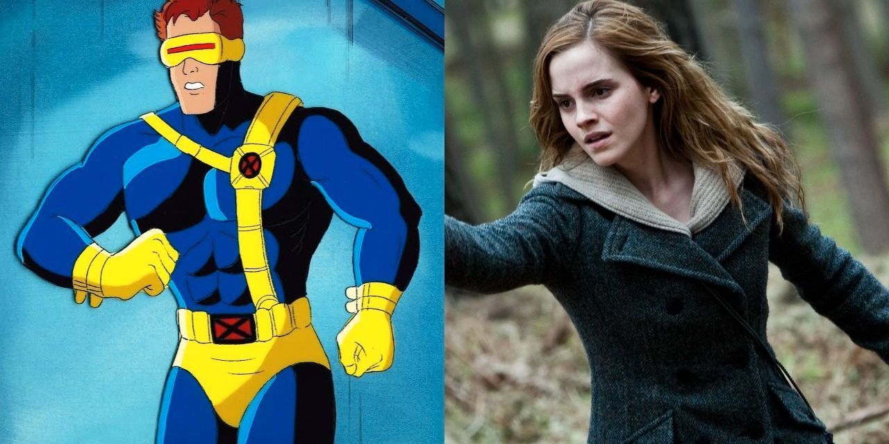Split image of Cyclops in X-Men The Animated Series and Hermione Granger in Harry Potter