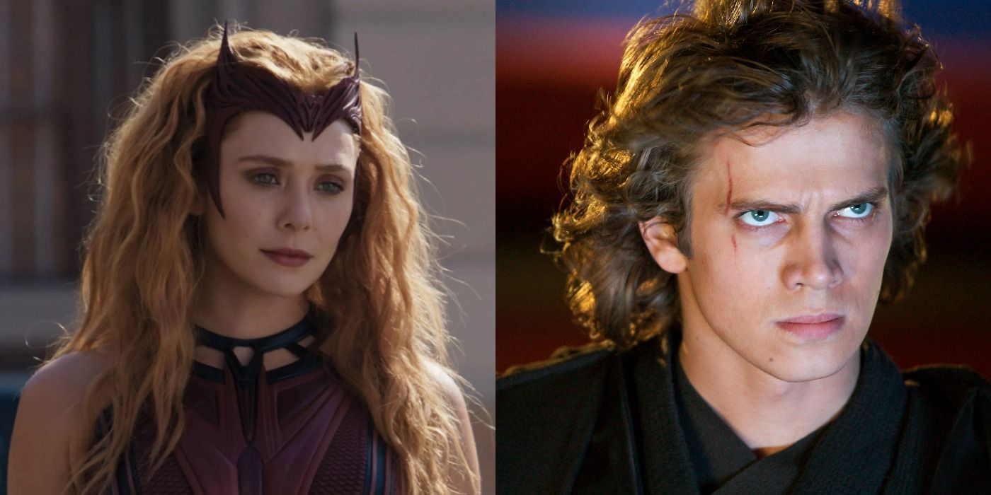 Split image of Scarlet Witch in MCU and Anakin Skywalker in Star Wars