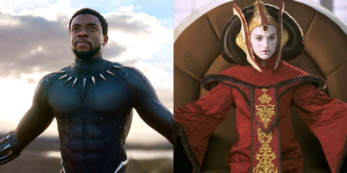 Split image of T'Challa in Black Panther and Queen Padme Amidala in Star Wars