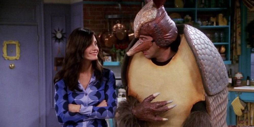 Monica looking at Ross dressed as an armadillo in Friends.