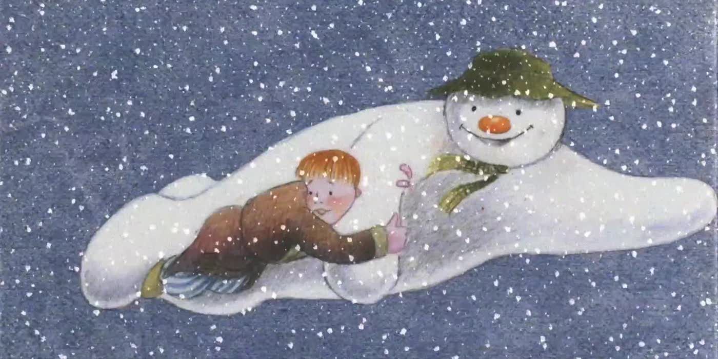 A child holding on to a flying snowman in The-Snowman-1982