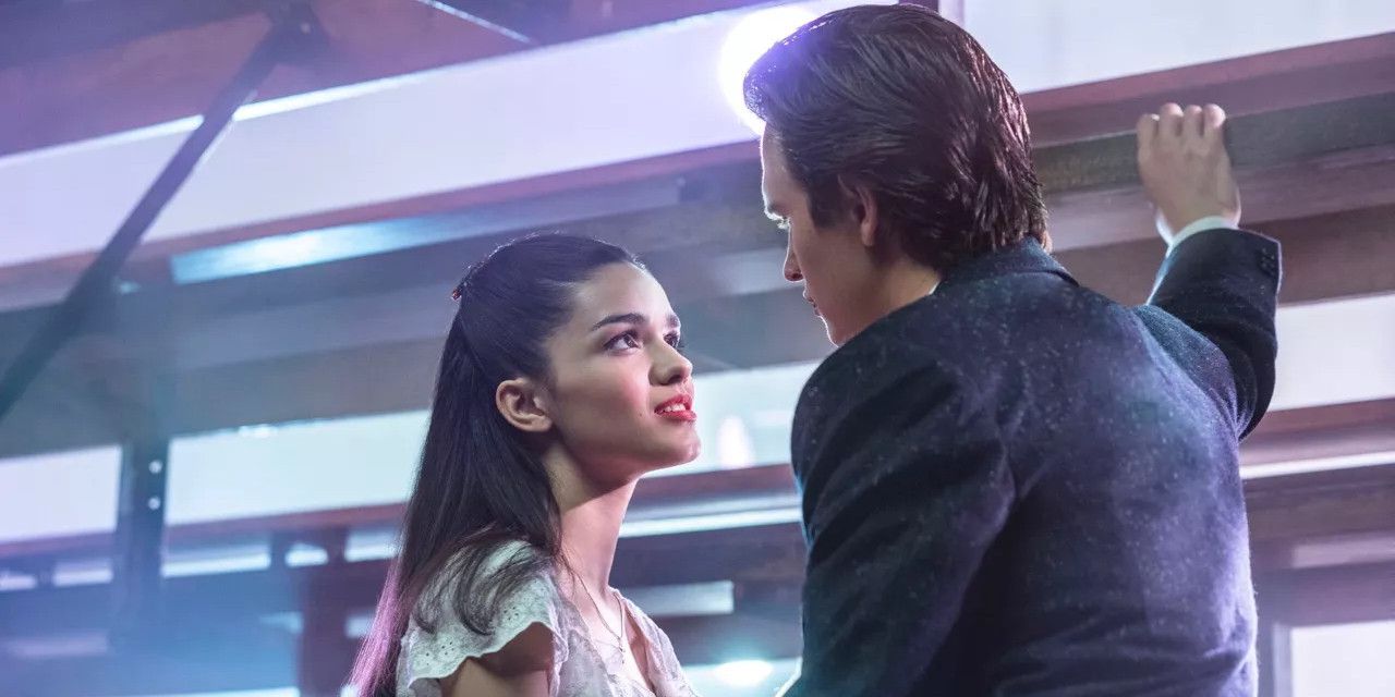 Tony and Maria meet behind the gymnasium bleachers in 2021's 'West Side Story' remake