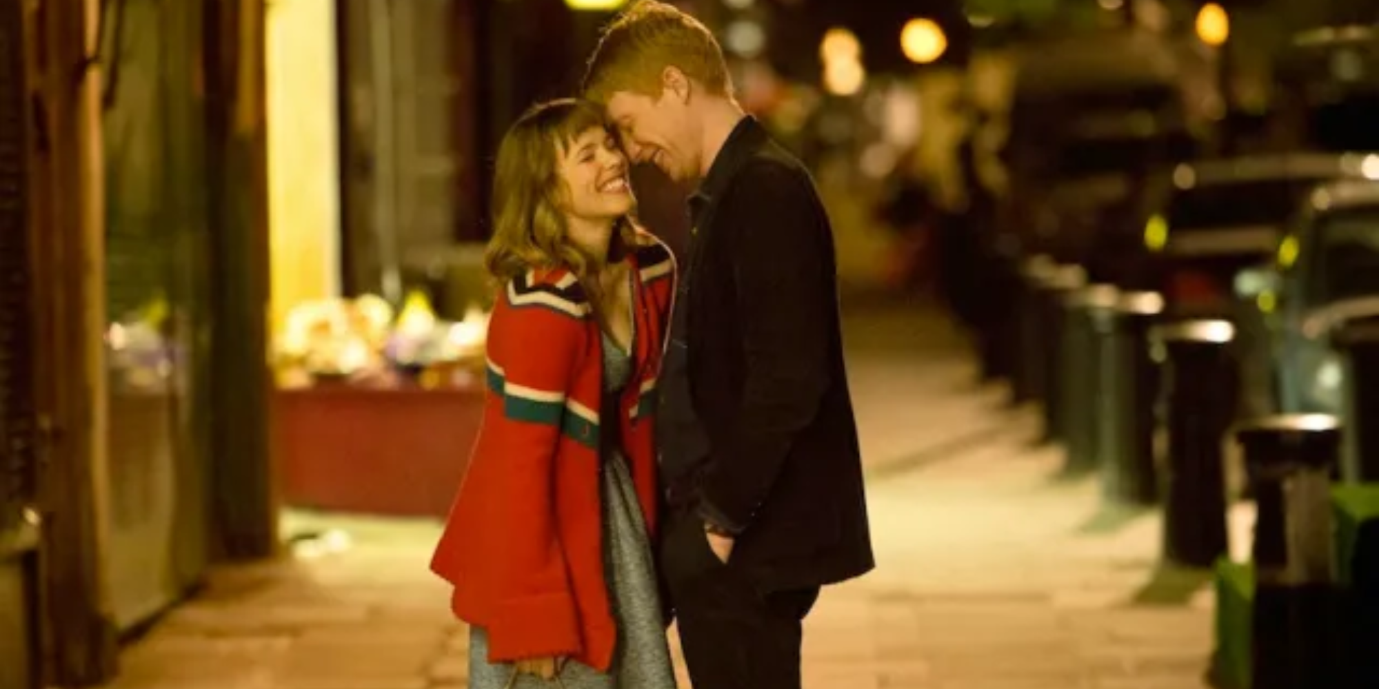 Domhnall Gleeson and Rachel McAdams as Tim and Mary about to kiss in About Time