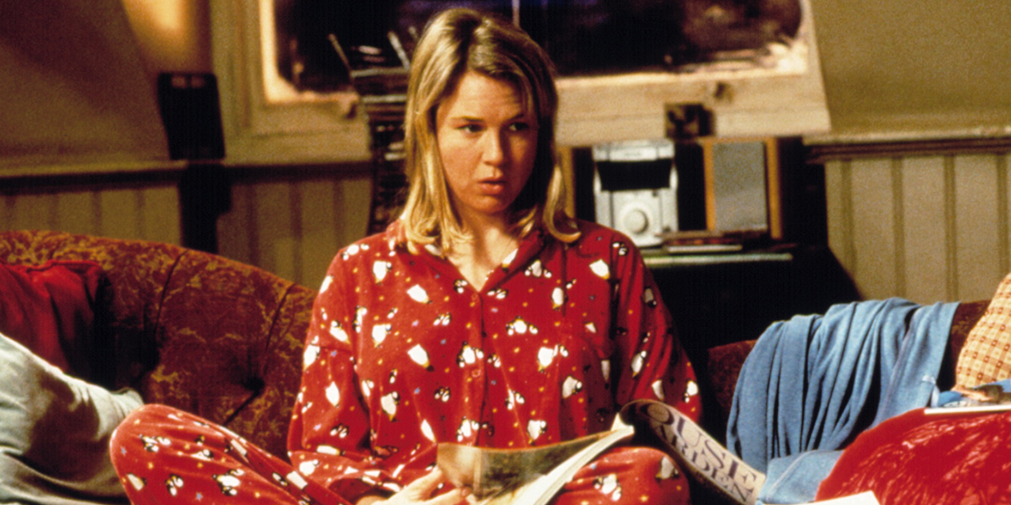 Renee Zellweger sitting in pyjamas in Bridget Jones's Diary