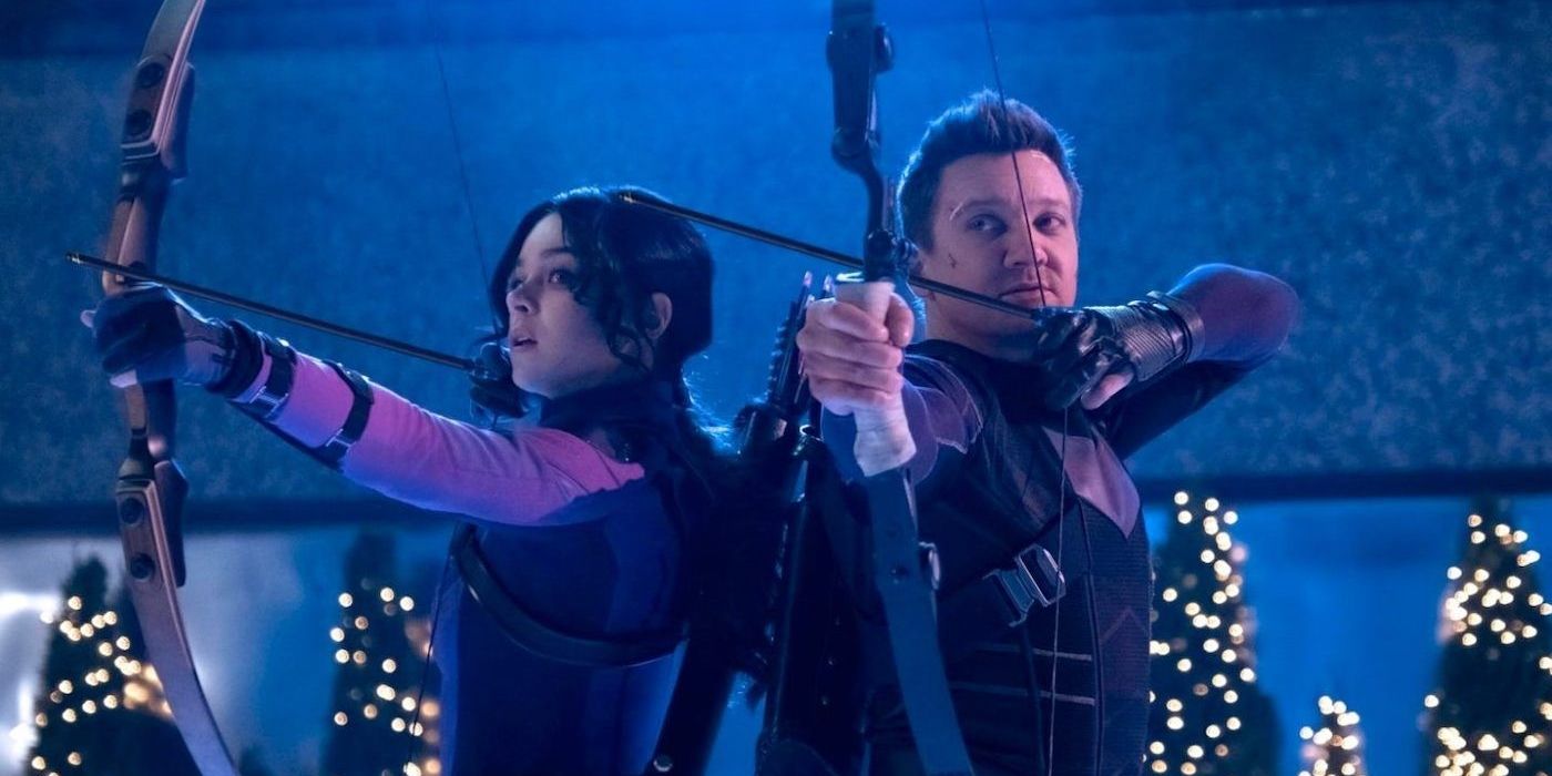 Hailee Steinfeld and Jeremy Renner aiming their bows in Hawkeye