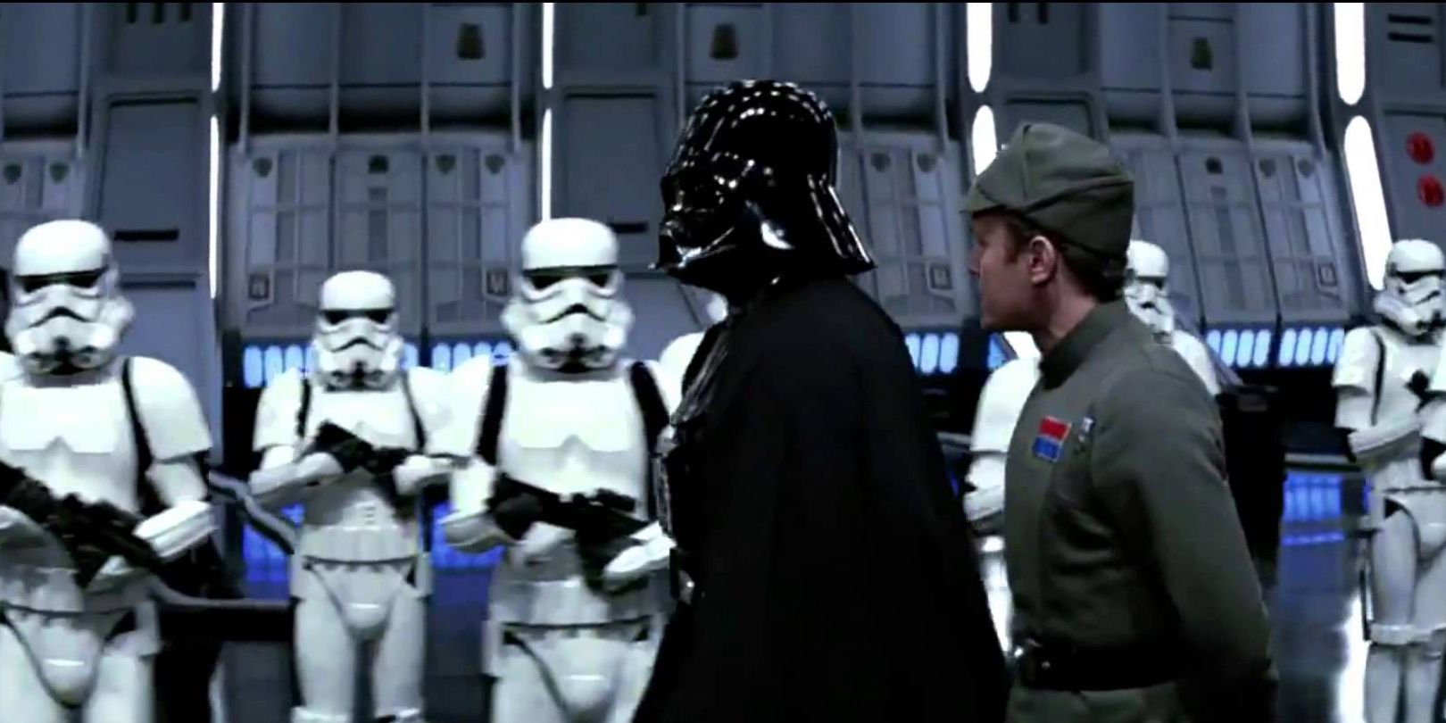 David Prowse as Darth Vader walking in front of Storm Troopers in Star Wars: Return of the Jedi