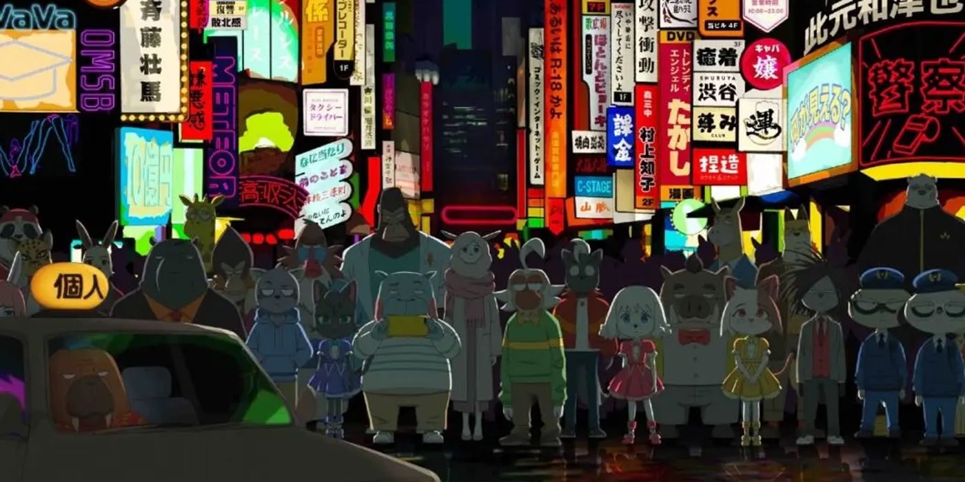 A group of anthropomorphic animals on a street in the anime The Odd Taxi.