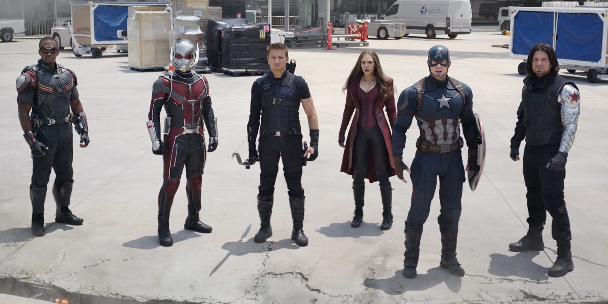 Civil War Falcon, And-Man, Hawkeye, Scarlet Witch, Captain America, Winter Soldier at airport