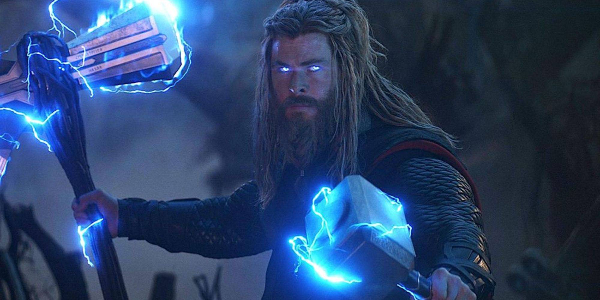 Chris Hemsworth as Thor armed with Mjolnir and Stormbreaker to fight Thanos in the film Avengers: Endgame