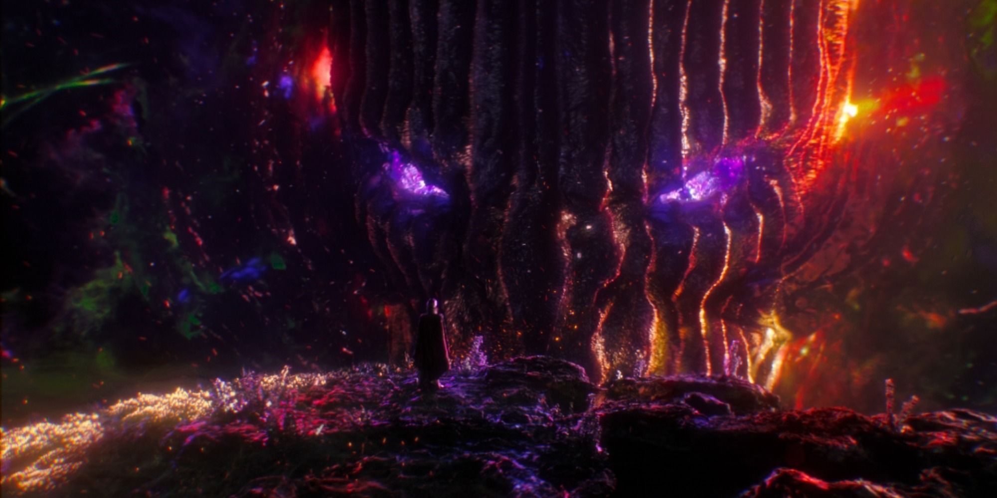 Benedict Cumberbatch as Doctor Strange confronting Dormammu in the Dark Dimension wide shot