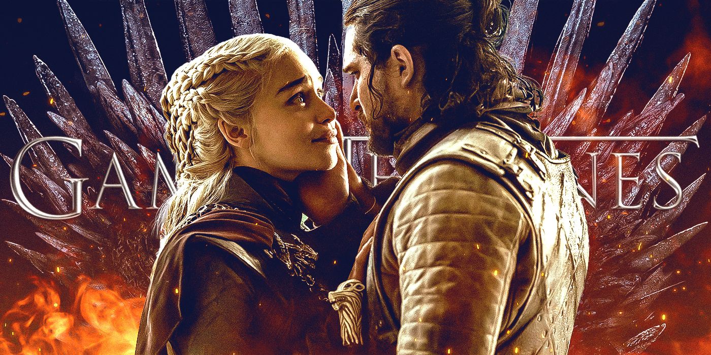 Kit Harington as Jon Snow caressing Emilia Clarke as Daenerys' face in Game of Thrones