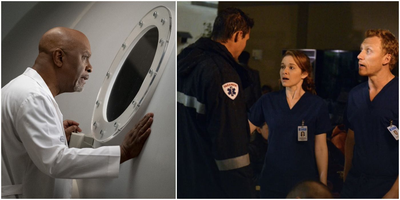 James Pickens Jr. as Dr. Webber standing outside hyperbaric chamber, Sarah Drew as April Kepner and Kevin McKidd as Dr. Owen Hunt talking with a pandemic in a dark hospital in Into The Fog and The Perfect Storm Grey's Anatomy-episode