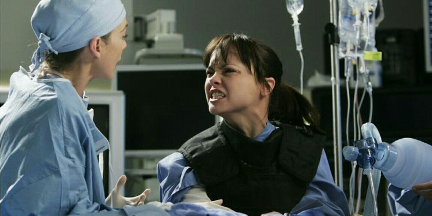 Ellen Pompeo as Meredith Grey and Christina Ricci as Hannah Davis in operating room in It's The End of the World, Grey's Anatomy episode