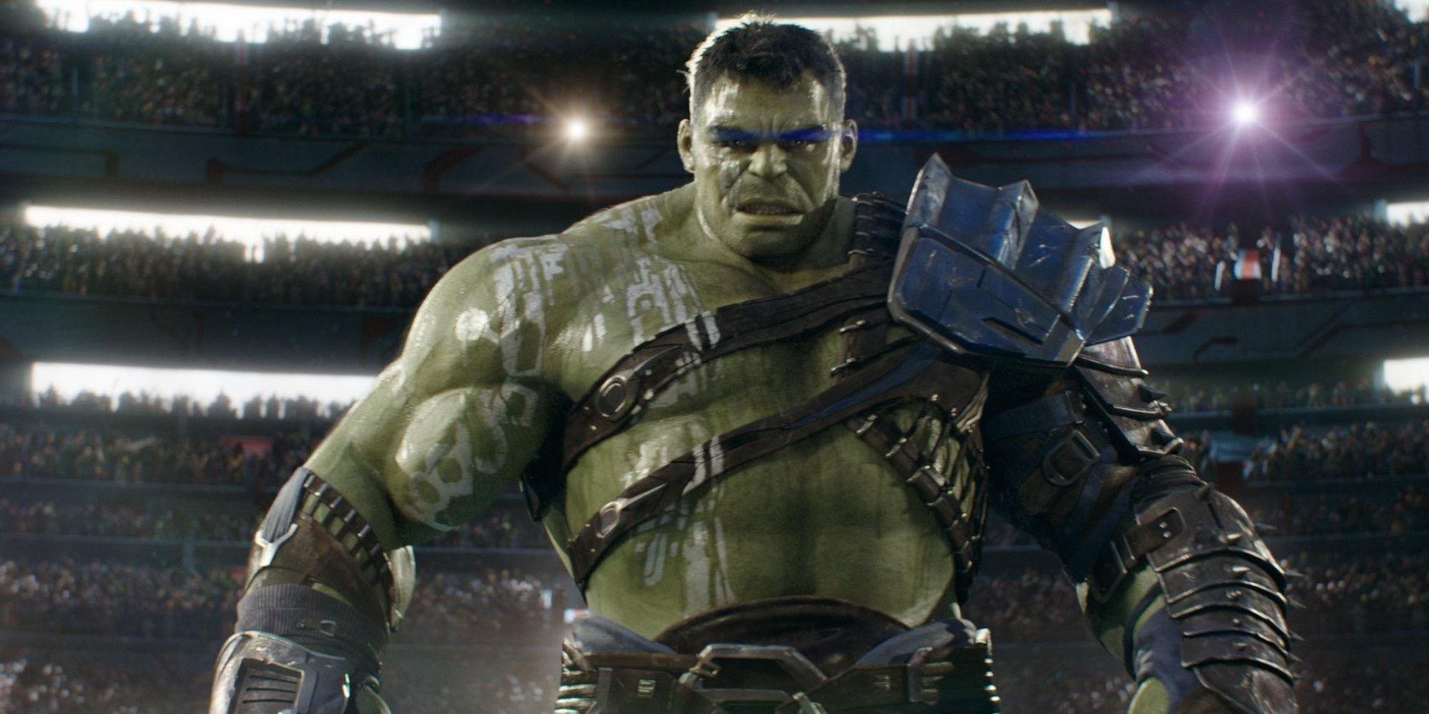 Mark Ruffalo as Gladiator Hulk fighting Thor in the film Thor: Ragnarok