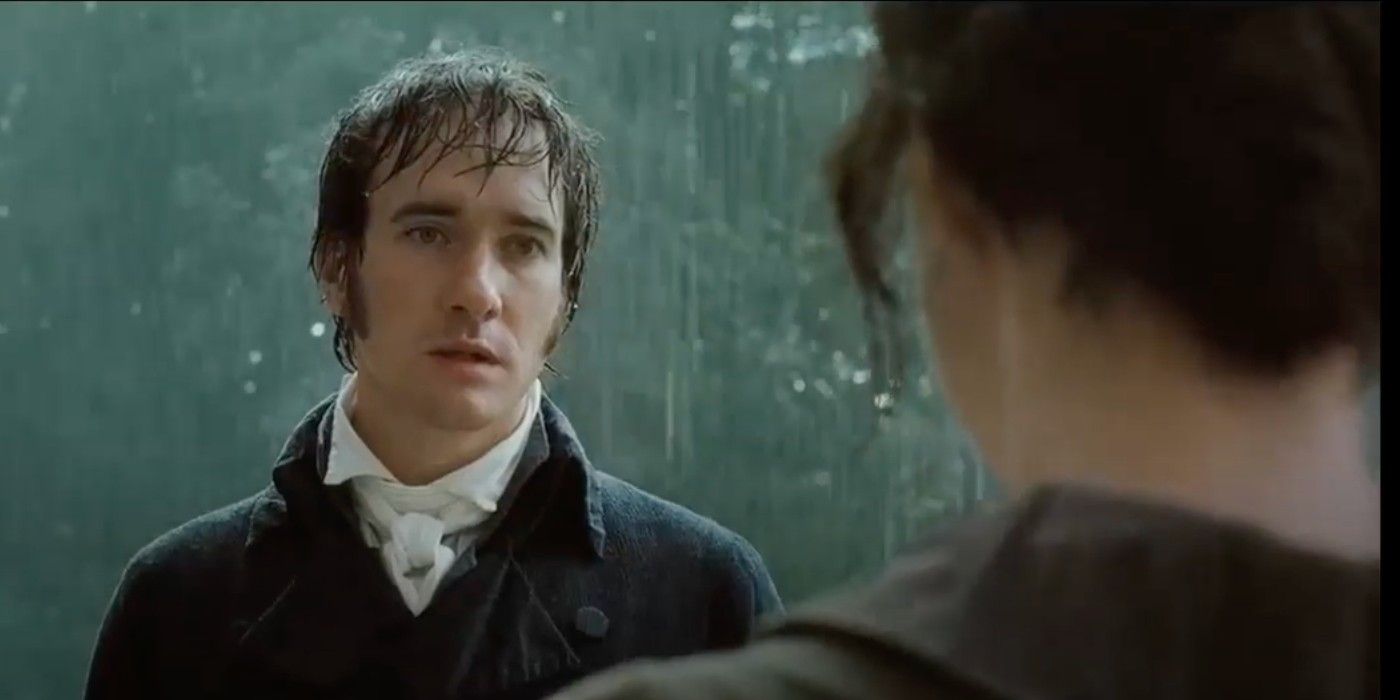 Matthew Macfadyen as Mr. Darcy, standing in the rain in front of Elizabeth in Pride and Prejudice