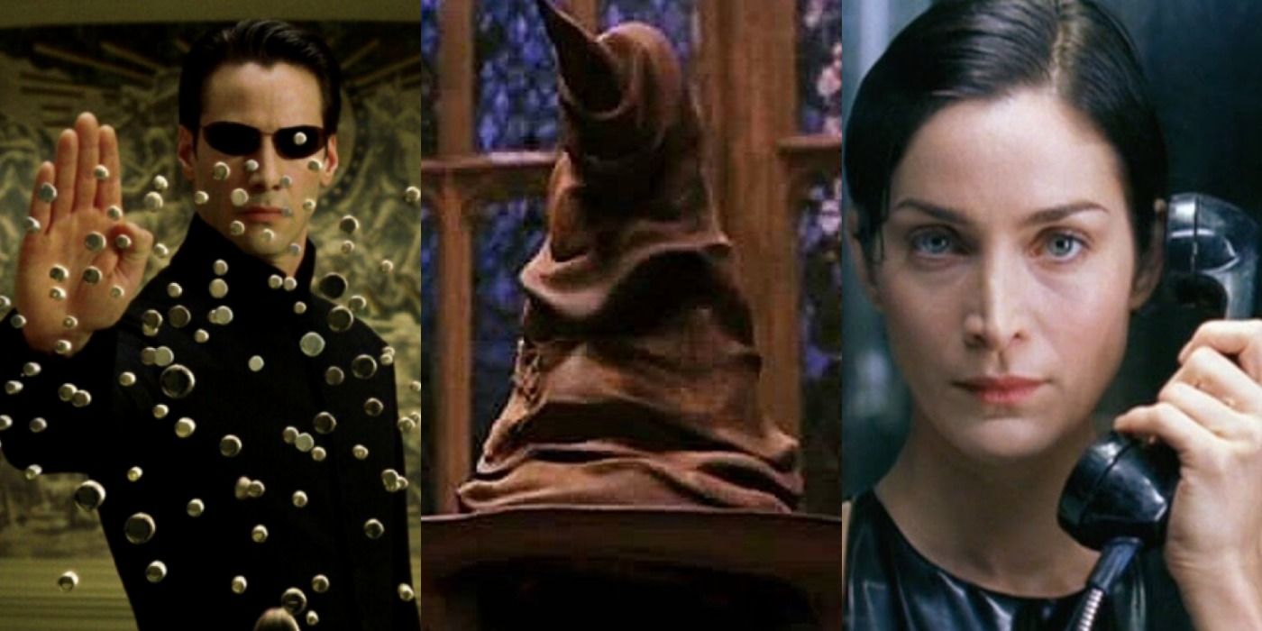 Split image of Neo and Trinity from The Matrix and The Sorting Hat from Harry Potter