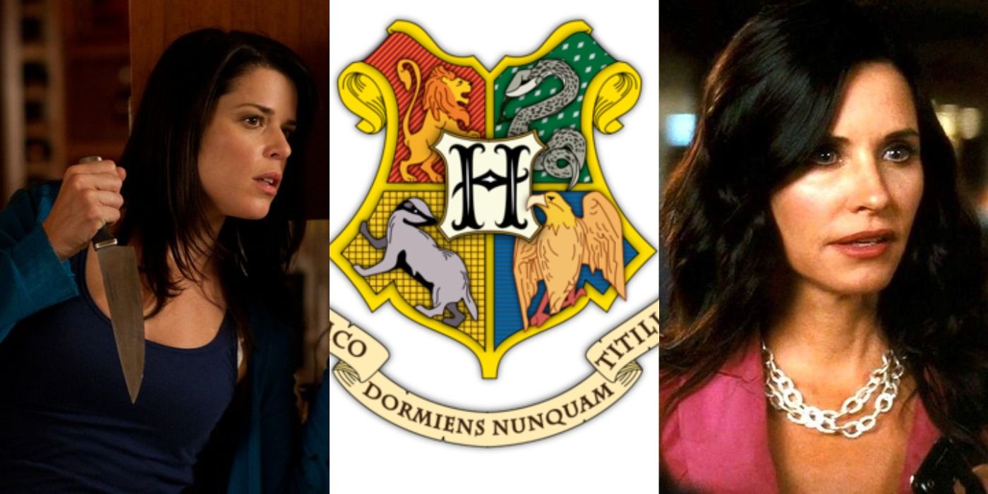 Split image of Sidney and Gale from Scream franchise and Harry Potter Hogwarts crest
