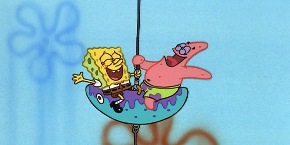 SongeBob and Patrick laughing while riding a fish hook in SpongeBob SquarePants.