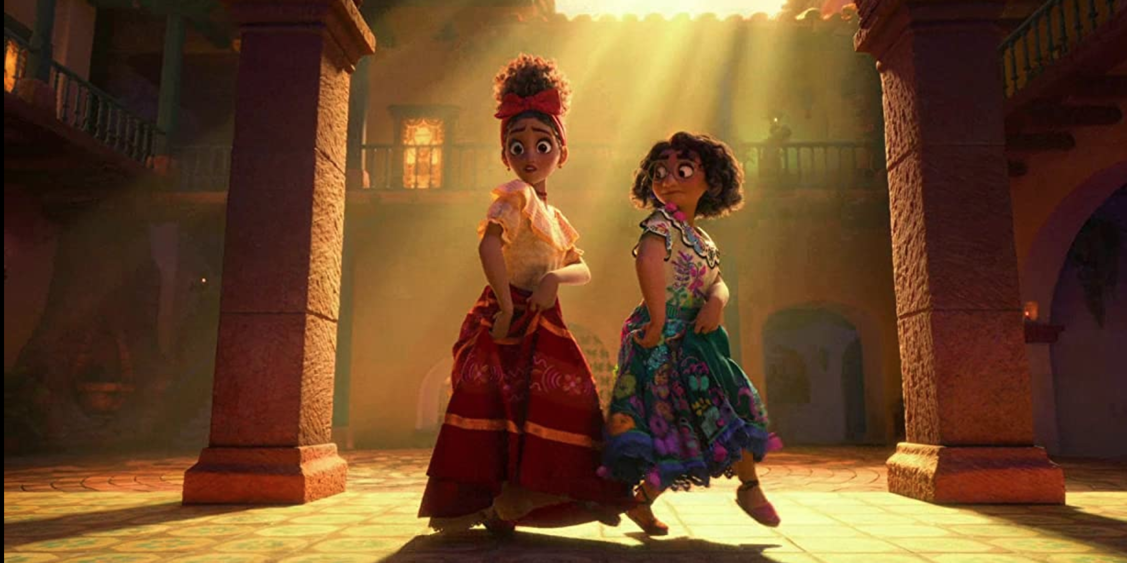 Dolores and Mirabel singing and dancing 'We Don't Talk About Bruno' in Encanto.