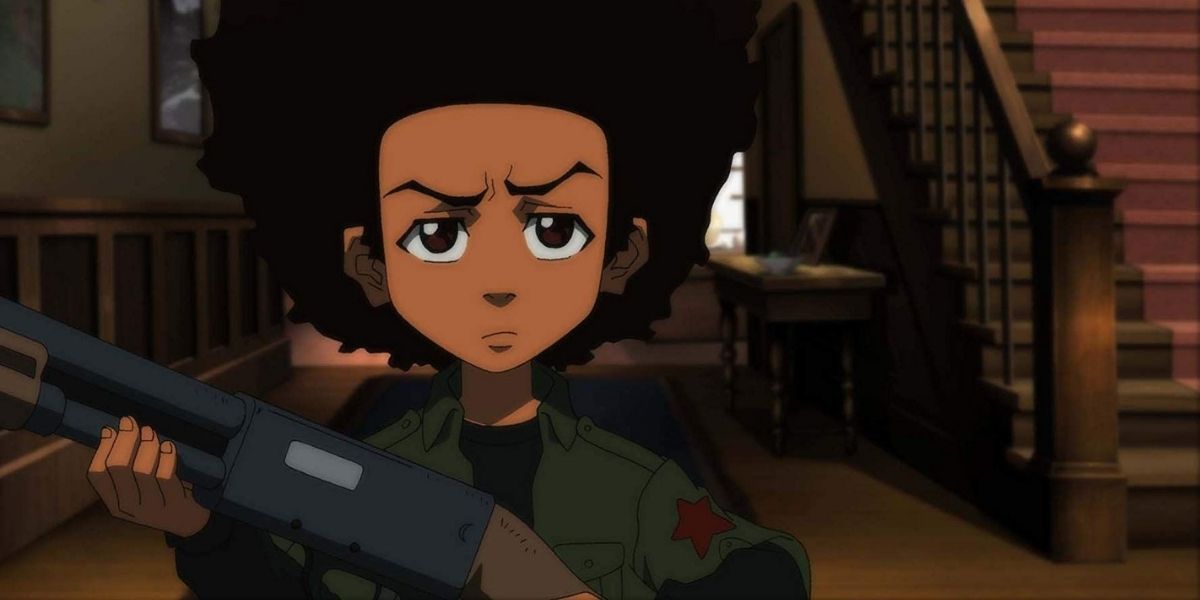 Regina King as Huey Freeman in The Boondocks holding a gun