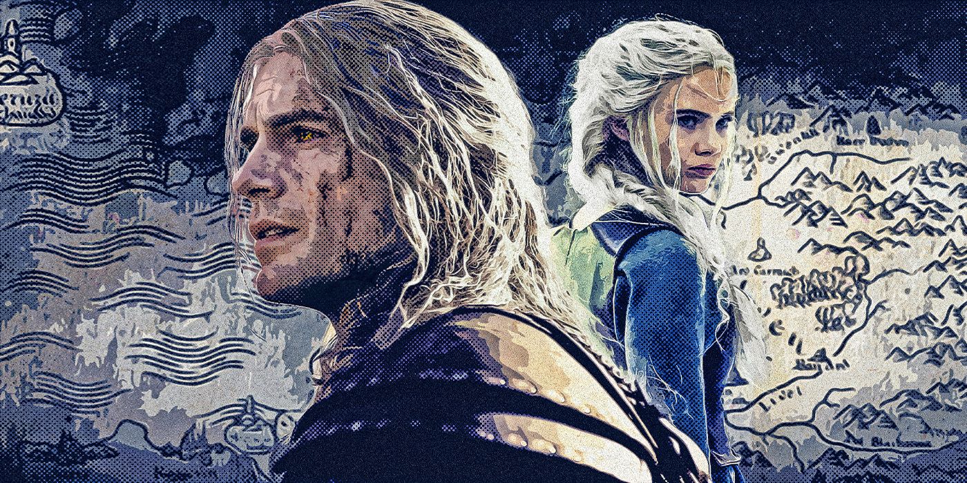 Henry Cavill's Geralt of Rivia and Freya Allan's Ciri from the Witcher over a Map background