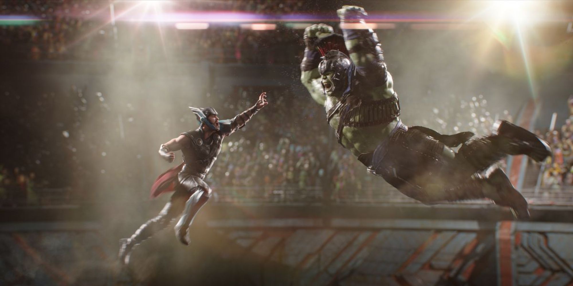 Thor and Gladiator Hulk fighting in the Sakaar stadium in Thor: Ragnarok