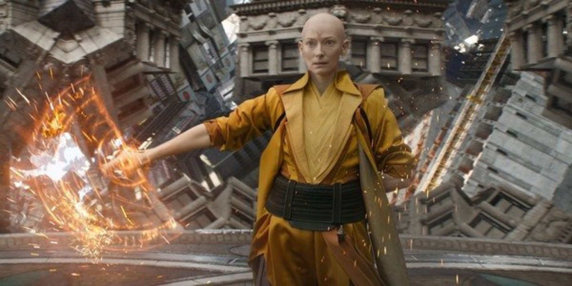 Tilda Swinton as the Ancient One going up against Kaecilius in the film Doctor Strange