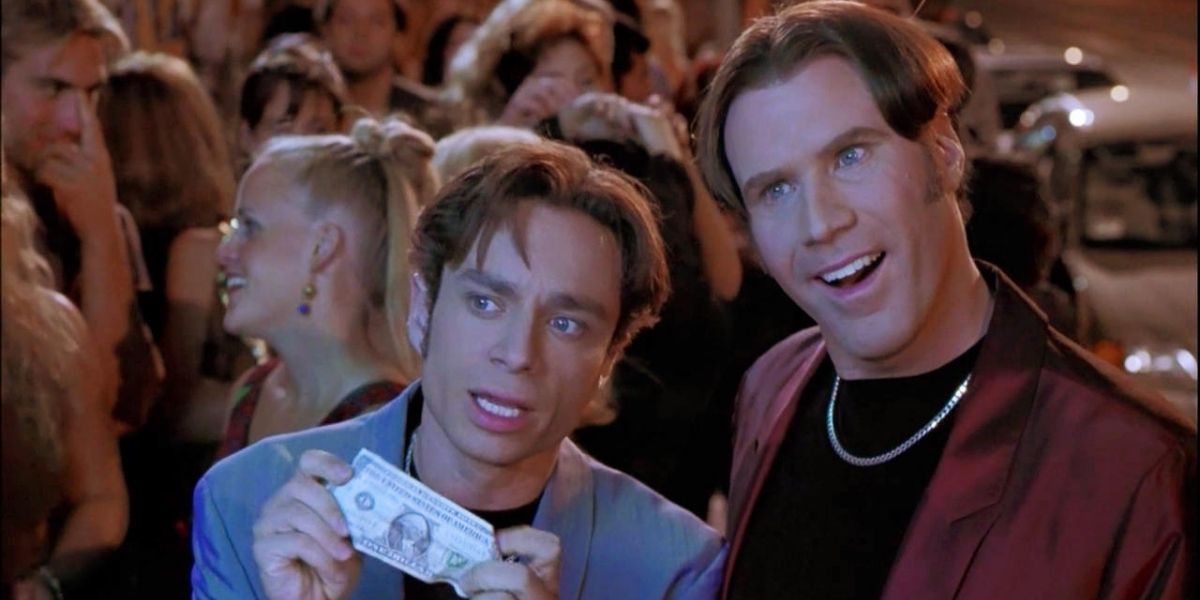 Will Ferrell and Chris Kattan in A Night at the Roxbury holding out a dollar bill and smiling, a crowd behind them.